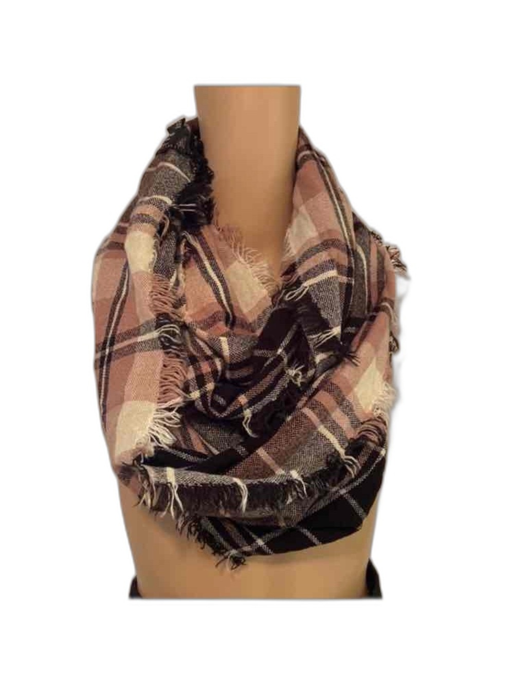 David and Young Plaid Infinity Scarf Pink Black Cream Fringed EUC One Size